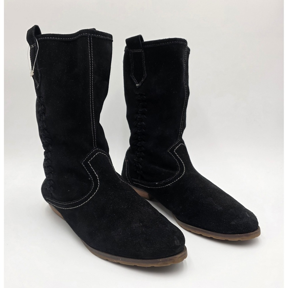 Sporto Bridget Black Suede Mid-Calf Western Boots Braided Detail Women's 8.5 M
